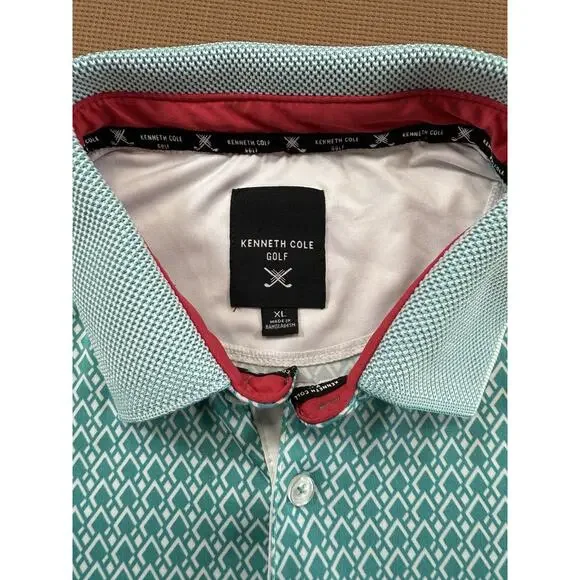 Kenneth Cole Golf Polo Shirt XL Teal Geometric Print Stretch Performance Mens - Picture 6 of 8
